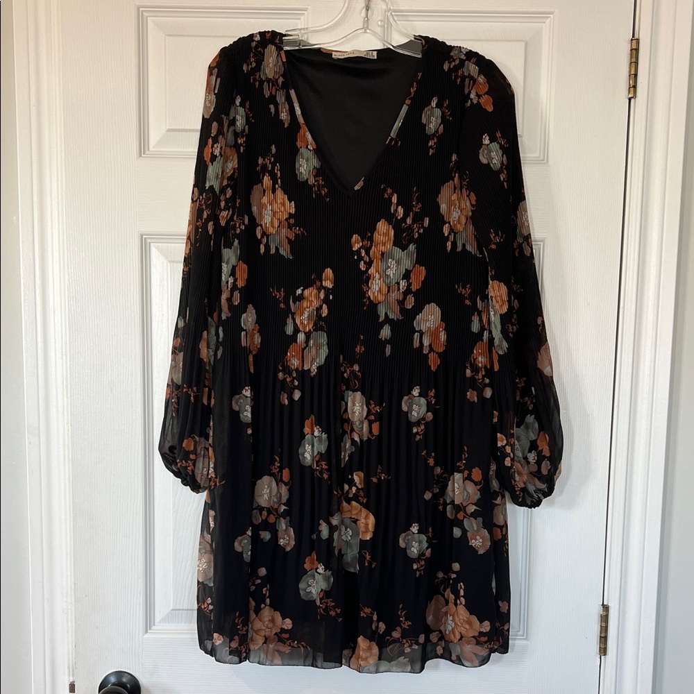 Black Floral V-Neck Mini Dress with Tan and Gray Blooms